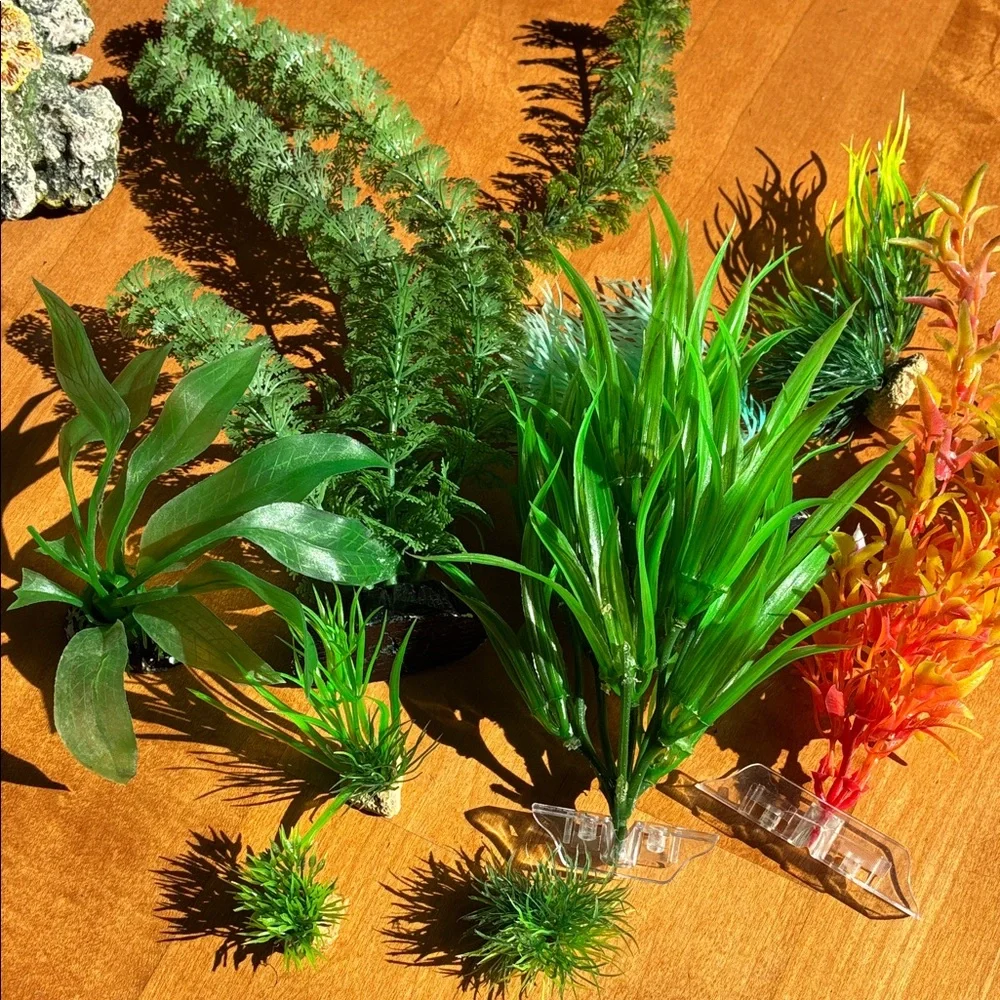 Aquarium Decor Set with Green and Orange Accents